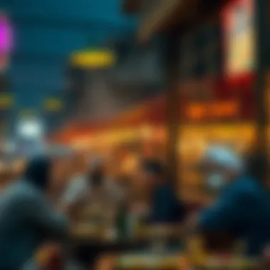 A bustling dining scene in Karama with patrons enjoying biryani