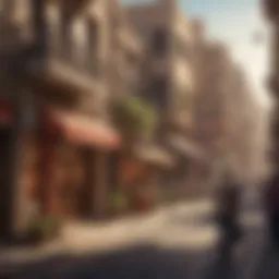 A vibrant street scene in Al Mina showcasing local architecture and lifestyle.