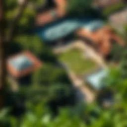 Aerial view of Discovery Gardens showcasing the unique layout and greenery