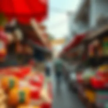 A vibrant market scene showcasing various local goods at Geant Remraam