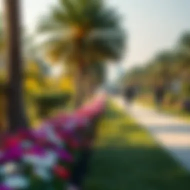 Serene Walking Path in Mushrif Park A serene walking path lined with flowers in Mushrif Park