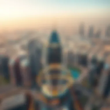 Architectural Marvel in Dubai Aerial shot of the Noorm Al Safa Building in the context of Dubai's skyline