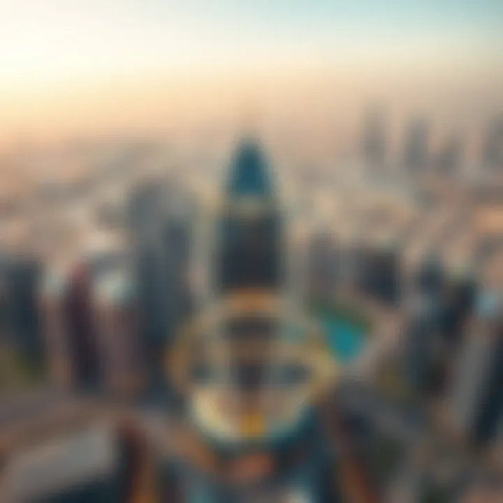 Architectural Marvel in Dubai Aerial shot of the Noorm Al Safa Building in the context of Dubai's skyline