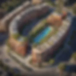 Aerial view of Penrose Place showcasing its modern architecture and vibrant surroundings