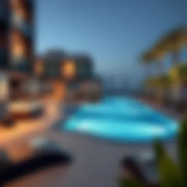 Amenities at Rose Residence, including a swimming pool and fitness center