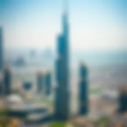 Aerial view of Sheikh Al Mur Tower showcasing its striking silhouette against the Dubai skyline