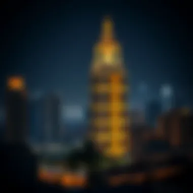 Nighttime illumination of the Al Waleed Building against the Dubai skyline