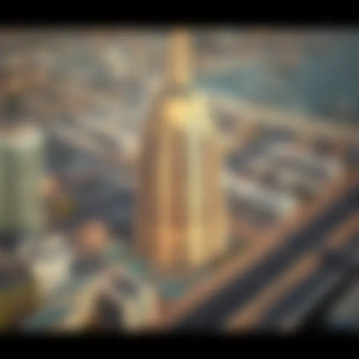 Aerial View of the Crescent Building Aerial perspective highlighting the Crescent Building within the urban landscape of Dubai.