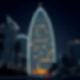 The striking façade of the Crescent Building reflecting Dubai's skyline.