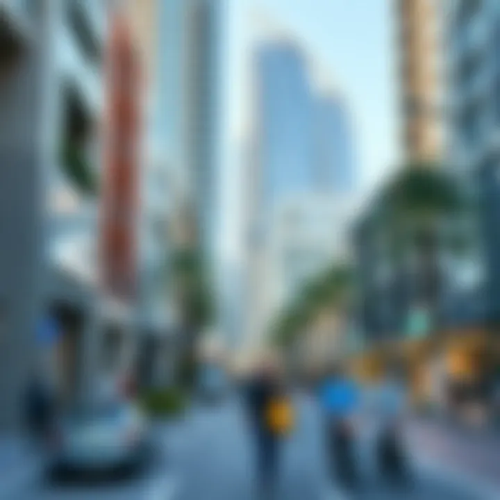 A vibrant street in Downtown Dubai showcasing modern architecture and lifestyle