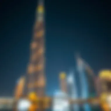 Night view of Latifa Tower illuminated, adding elegance to Dubai's skyline.