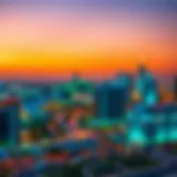 A panoramic view of Mirdif's skyline at sunset, showcasing modern architecture.