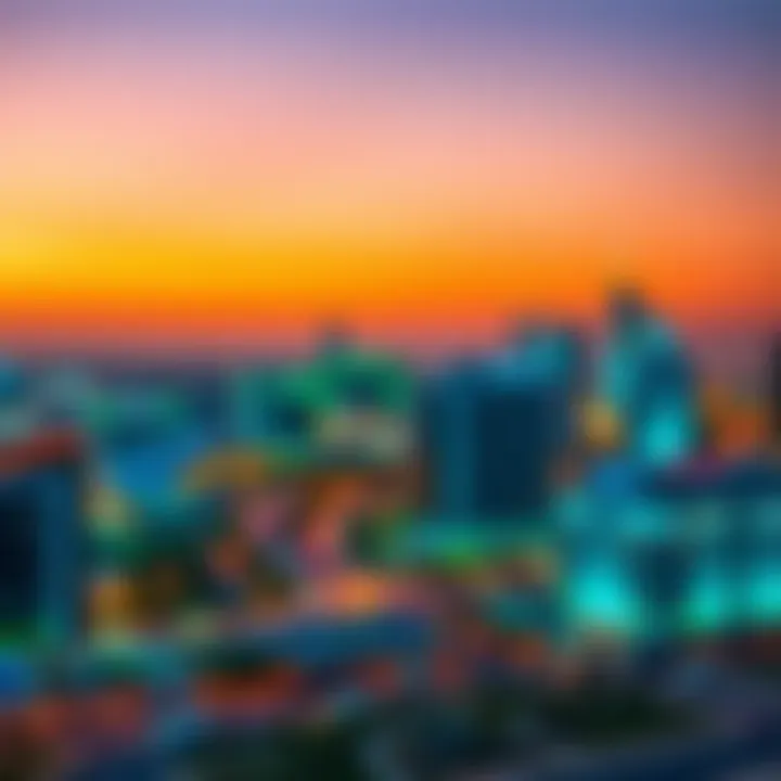 A panoramic view of Mirdif's skyline at sunset, showcasing modern architecture.