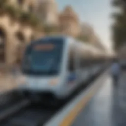 A modern metro train approaching the station