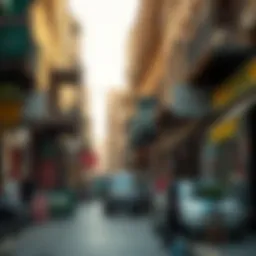 A bustling street view of Satwa showcasing local shops and cafes