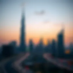 The majestic Skytower towering over Dubai's skyline at sunset
